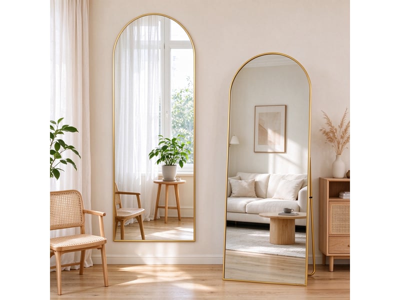  Miroir psyché arqué sur pied 173x63 cm, miroir pleine longueur arqué avec cadre en alliage d'aluminium, miroir de coiffeuse, miroir sur pied inclinable ou suspendu, doré  - Conforama W