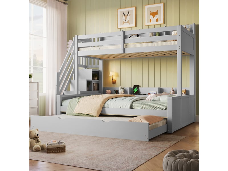 Lit superposé 140 × 200 cm avec lit gigogne, escalier de rangement et port usb pour chambre enfant, gris - Conforama B