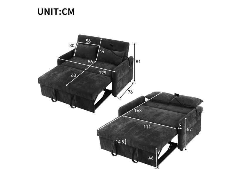  Canapé convertible 2 places avec fonction lit, dossier réglable, porte-téléphone, usb, poches latérales et 2 coussins, canapé multifonction en chenille - gris  - Conforama D