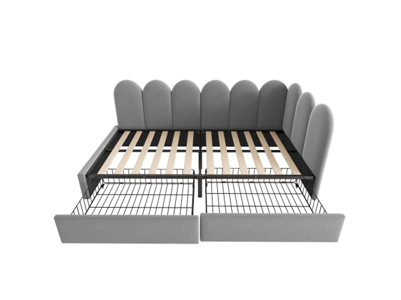  Lit capitonné 1 place avec tiroirs – rangement velours gris 90x200 cm, sommier inclus, canapé-lit sans matelas  - Conforama C