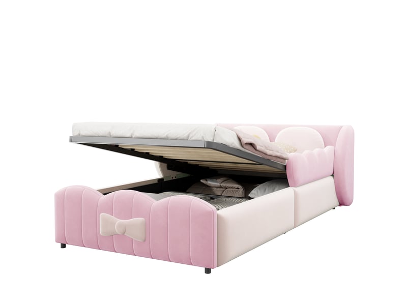 Lit enfant rembourré 90x200 cm en velours avec rangement hydraulique et 2 coussins - Conforama E