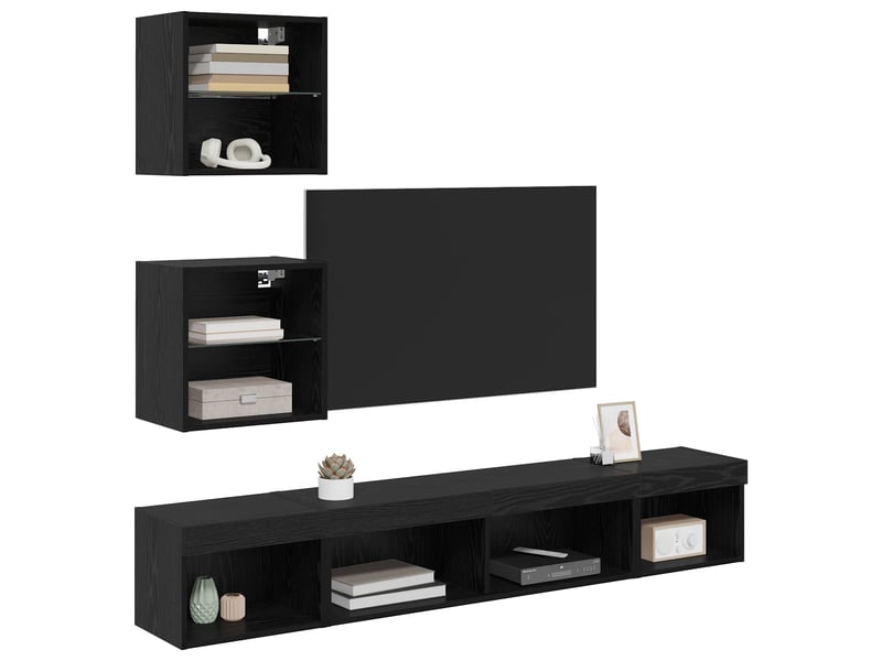  Unités murales tv avec led 5 pcs chêne noir bois d'ingénierie shl32014  - Conforama C