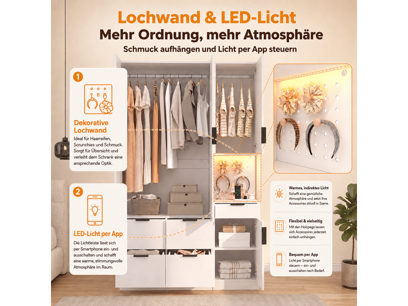  Armoire de chambre blanche 135x50x200 cm avec éclairage led, prise intégrée, 4 portes et 5 tiroirs en mdf  - Conforama E
