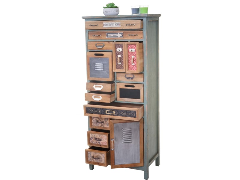 Meuble style apothicaire 138 x 57 x 32 cm commode vintage 14 tiroirs et 1 compartiment en bois de sapin massif et mdf aspect vieilli 04_0011126 - Conforama B