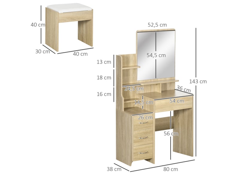  Ensemble de coiffeuse table de maquillage avec tabouret rembourré grand miroir + plusieurs étagères ouvertes + 4 tiroirs bois naturel  - Conforama C