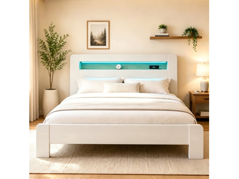  Lit double 180x200 cm en bois avec rangement, led et prises intégrées, blanc  - Conforama B