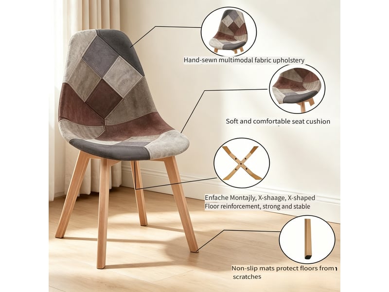  Lot de 8 chaises de salle à manger au design moderne, tissu, structure en bois et métal, multicolore  - Conforama D