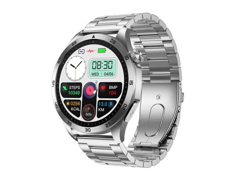 (argent) bracelet intelligent avec un écran couleur de 1,43 pouce et un bracelet en acier, compatible avec les appels bluetooth et l'ecg.