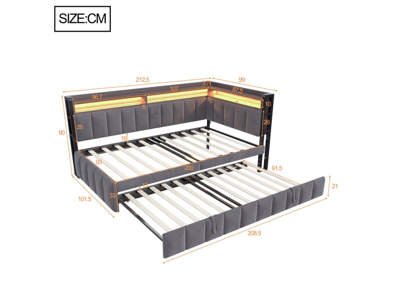 Lit banquette - 90x200 cm - éclairage led - usb et usb-c - sommier à lattes - velours - lit gigogne - gain de place - gris foncé CozyNest - Conforama D