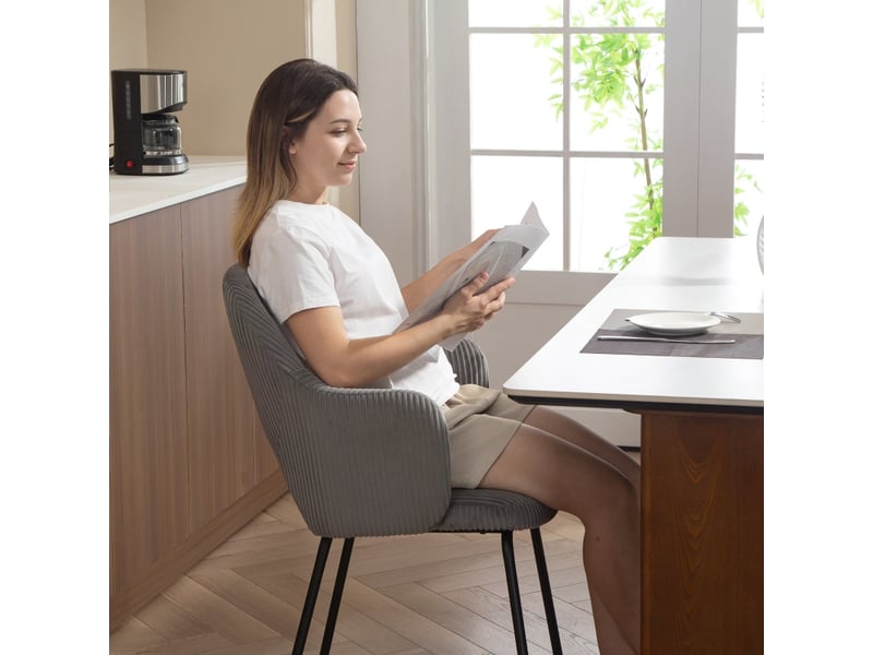  Chaise de salle à manger avec accoudoirs et patins réglables  - assise rembourrée, velours côtelé gris  - Conforama E