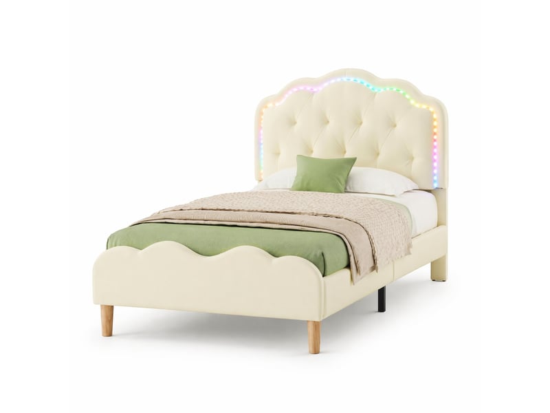 Lit simple enfant 200×90 cm avec tête de lit ondulée et éclairage led multicolore, sans matelas, en pu beige - Conforama A