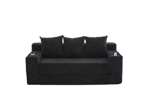 Canape droit 3 places, sans structure rigide en velours côtelé, porte-gobelets et poches, 172 × 87 × 64 cm, noir