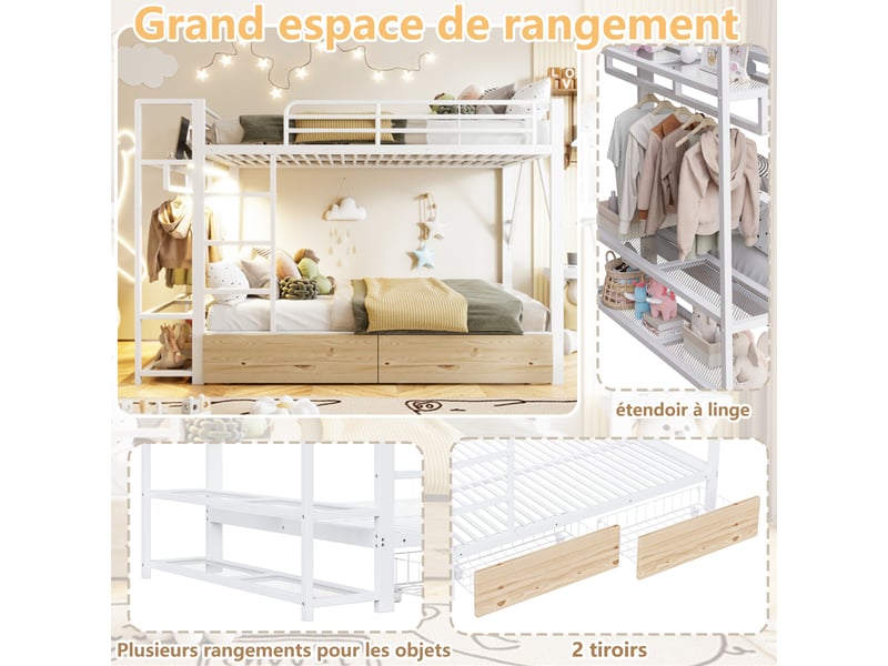  Lit superpose 140x200 cm avec bande lumineuse led et 2 tiroirs, lit enfant avec tringle à vêtements, lit 2 personnes en blanc  - Conforama R