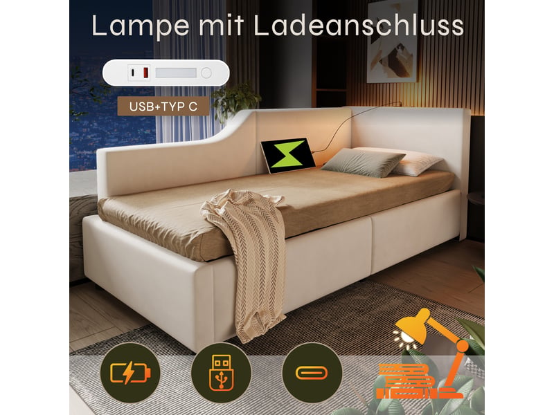  Canapé lit velours beige 90x190 avec coffre hydraulique, lampe de lecture et port usb-c  - Conforama R