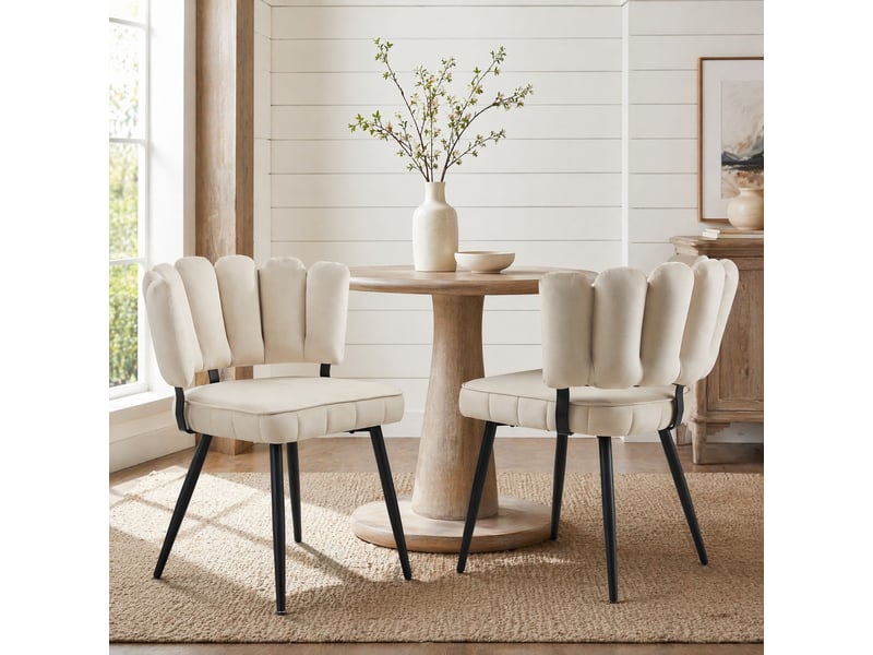  Lot de 2 chaises de salle à manger beige et noir en velours structuré, pieds en métal noir, h. 80 cm  - Conforama D