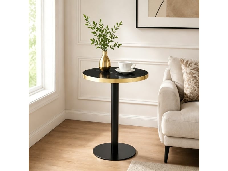  Table d’appoint ronde moderne, plateau effet marbre bord doré, structure en métal noirdoré  - Conforama E