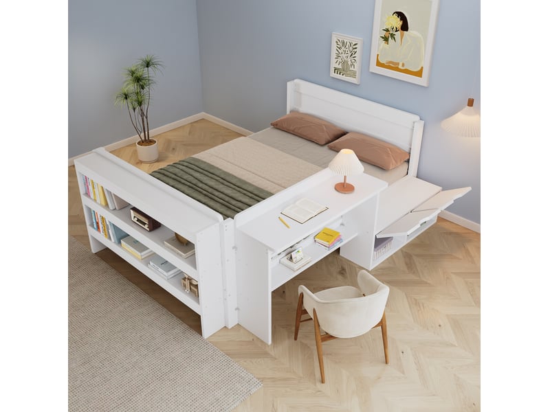  Lit simple enfant 120x200 cm blanc – bureau intégré et rangement modulable – lit fonctionnel pratique  - Conforama E