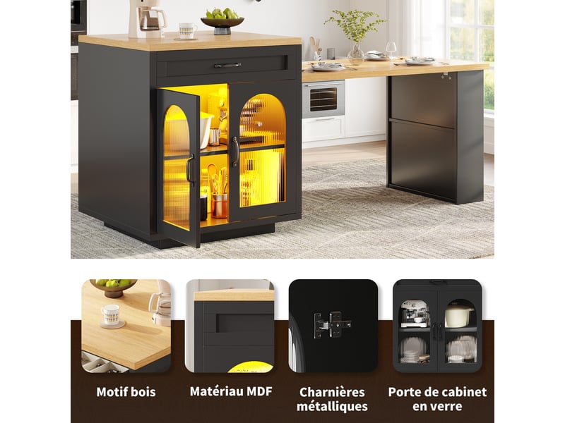  Desserte de cuisine extensible avec 2 tiroirs, led rgb et rangement en mdf 126–196×59×94 cm noir  - Conforama C