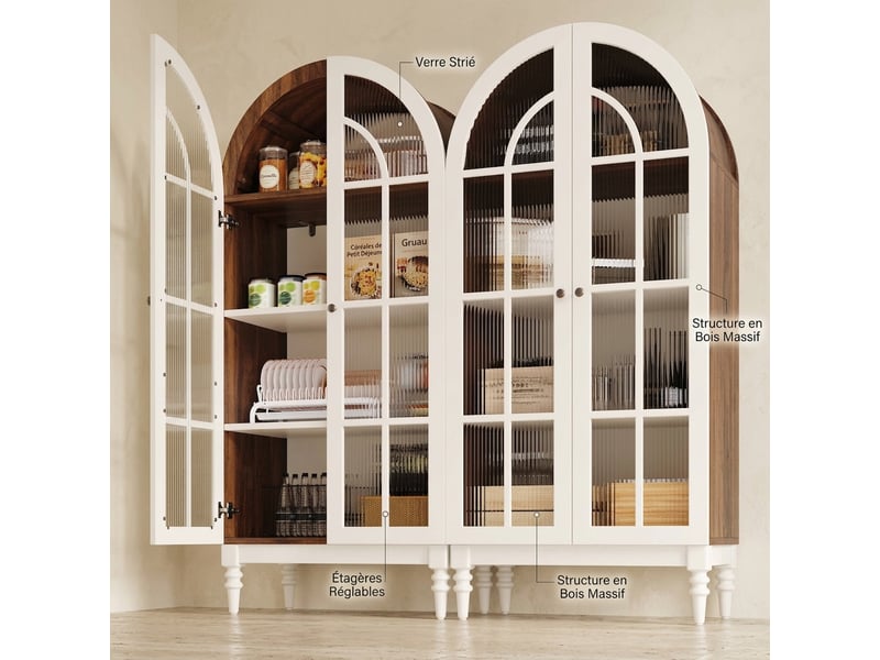  Buffet de cuisine vitrine 165 cm avec portes en verre strié, finition noyer et blanc  - Conforama B