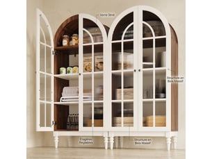 Buffet de cuisine vitrine 165 cm avec portes en verre strié, finition noyer et blanc