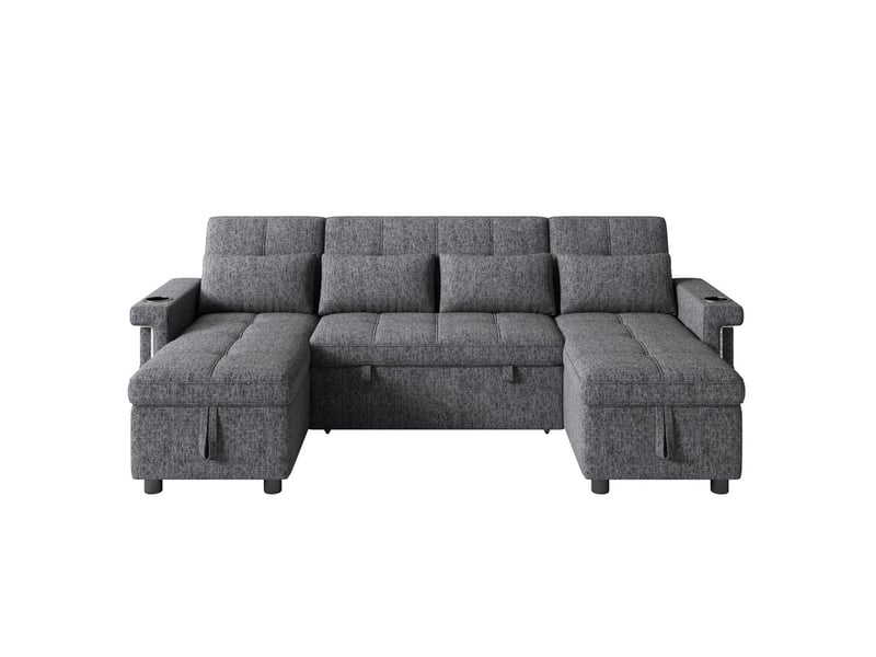  Canapé d'angle en u convertible,4 places,avec  2 méridiennes de rangement, éclairage led, port usbtype-c,268,5 × 141,5 × 90 cm,gris  - Conforama A