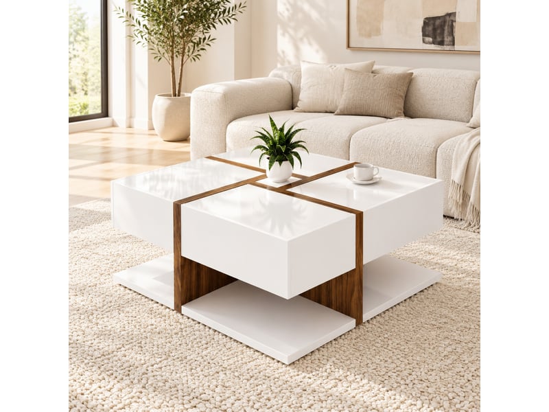  Table basse carrée 4 tiroirs et tablette basse pour salon 78×78×34,8 cm blanche et bois  - Conforama B