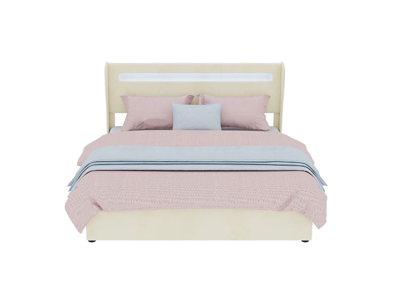  Lit coffre moderne minimaliste avec tête de lit rembourrée led beige 160x200cm sommier coffre haut avec vérin gaz matelas inclus  - Conforama A