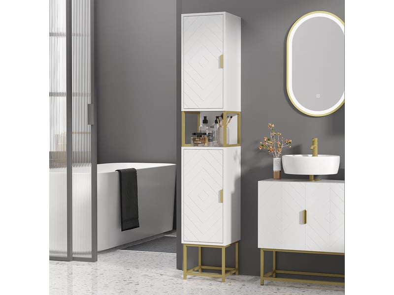  Colonne de rangement pour salle de bain avec niche et 2 placards, étagère réglable, pieds en acier  - Conforama D