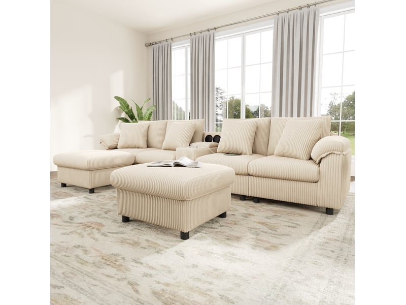  Canapé d'angle modulable 4 à 6 places en velours côtelé beige avec enceinte bluetooth  - Conforama C