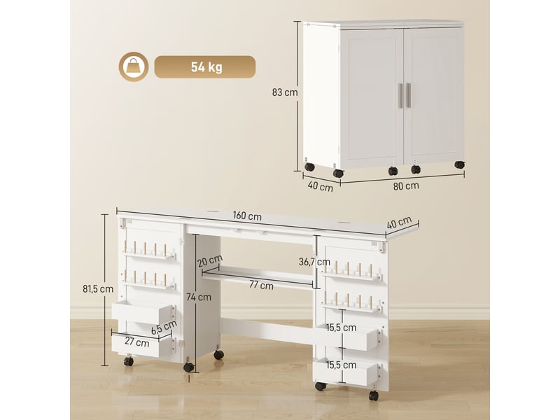  Table de couture pliante, meuble couture à roulettes, 2 portes magnétiques, 4 bacs, 20 crochets, blanc, 160x40x81,5cm  - Conforama C