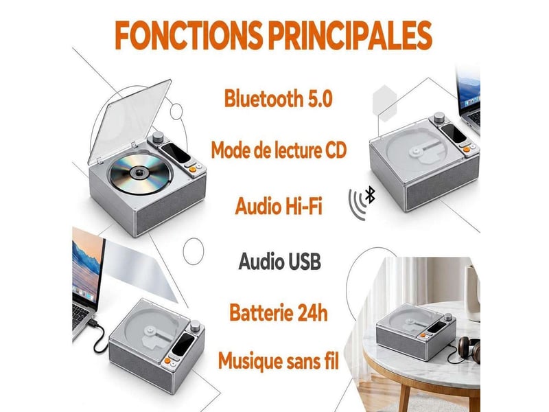 Lecteur cd portable bluetooth 5.1 avec batterie 4000 mah – platine cd hi-fi avec sortie optique, port usb, sortie casque jack 3,5 mm, écran led et télécommande – argent - Conforama B