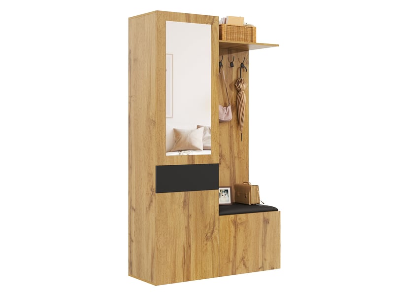  Vestiaire d'entrée avec miroir banc et meuble à chaussures mdf noir et naturel  - Conforama B