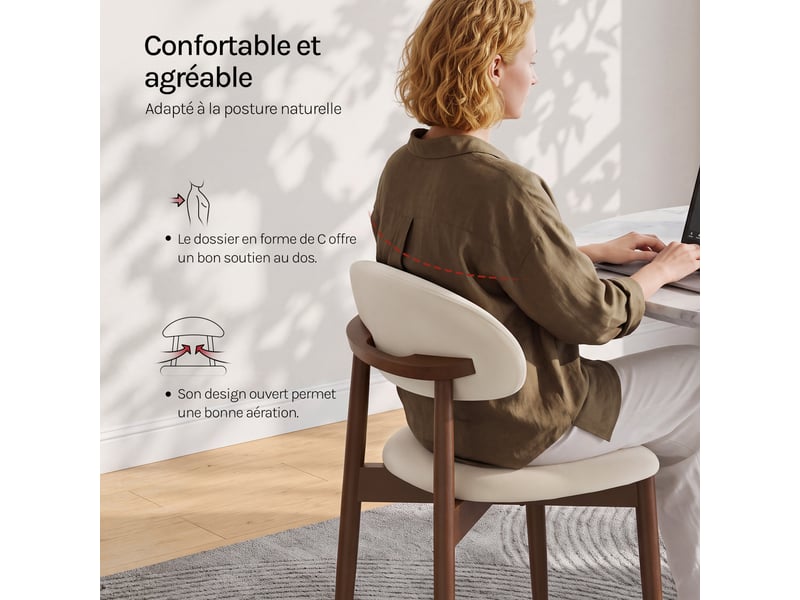  Lot de 2 chaises de salle à manger en tissu chenille, pieds en bois massif，43 x 51 x 83 cm，beige  - Conforama E