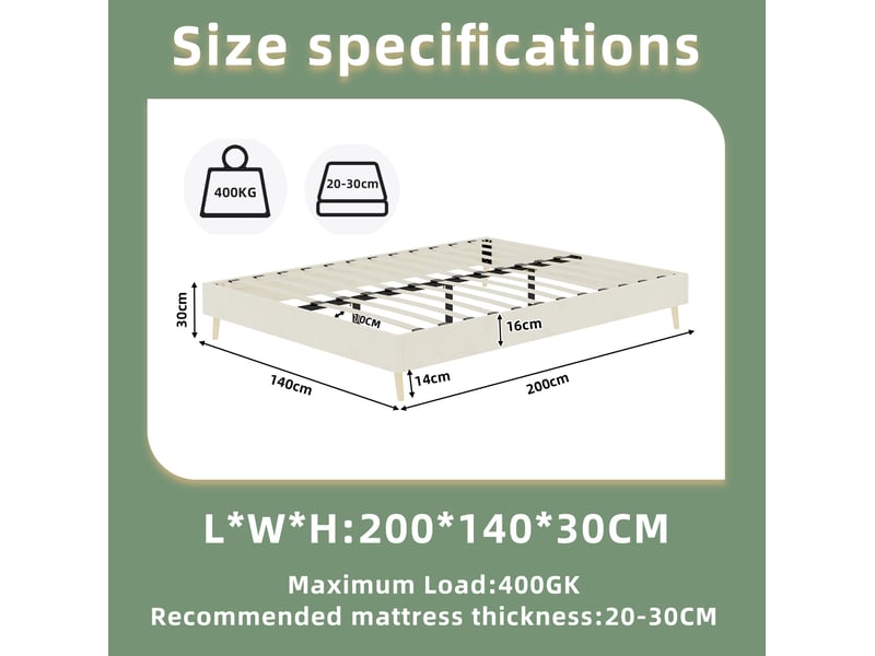  Sommier 2 places 140x200 cm avec matelas en velours beige  - Conforama C