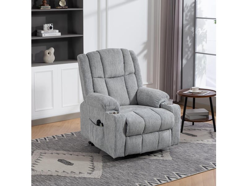 Fauteuil relax électrique avec aide au relevage, massage et chaleur, avec porte-gobelet, en velours gris clair  - Conforama B