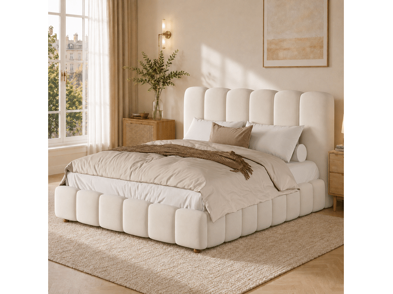  Lit double coffre hydraulique 140x190 cm en velours beige avec sommier  - Conforama E