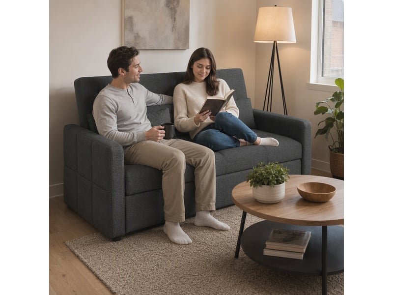 Canapé convertible 2 places 3 en 1, canapé-lit clic clac 160 cm, dossier réglable, 2 oreillers, assise large, gris foncé - Conforama D