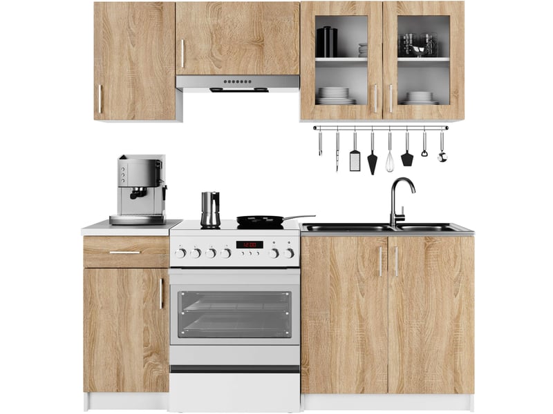 Ensemble de cuisine vitré akord lima 1.8m blanc 180 cm 7 portes 1 tiroir façade chêne sonoma 8 étagères 180x44,5x203 cm LIMA 1.8m - Conforama A