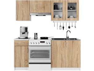 Ensemble de cuisine vitré akord lima 1.8m blanc 180 cm 7 portes 1 tiroir façade chêne sonoma 8 étagères 180x44,5x203 cm