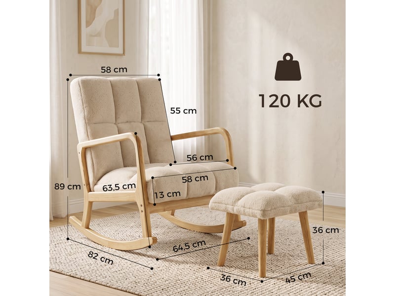 Fauteuil à bascule avec repose-pieds, rocking chair en tissu bouclette, 64,5 x 82 x 89 cm, pieds en bois, beige  - Conforama C