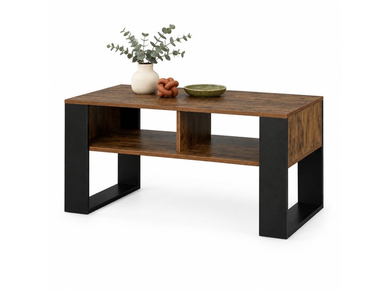  Table basse, avec 2 niches ouvertes, pour salon, bois mélaminé, noir et marron rustique, 90×45×45 cm  - Conforama A