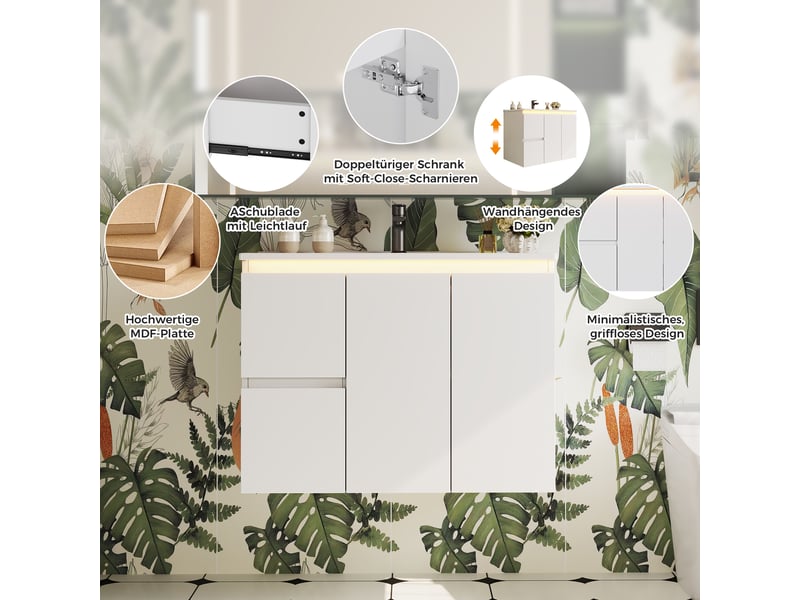 Meuble sous vasque mural avec 2 tiroirs, 2 portes, éclairage led à capteur radar pour salle de bain, 76×47×57 cm - Conforama E