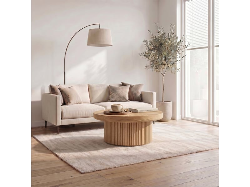  Table basse ronde 78x78x38,5 cm - avec plateau en parquet de bois véritable enchâssé et piétement tambour cannelé – mdf - naturel  - Conforama E