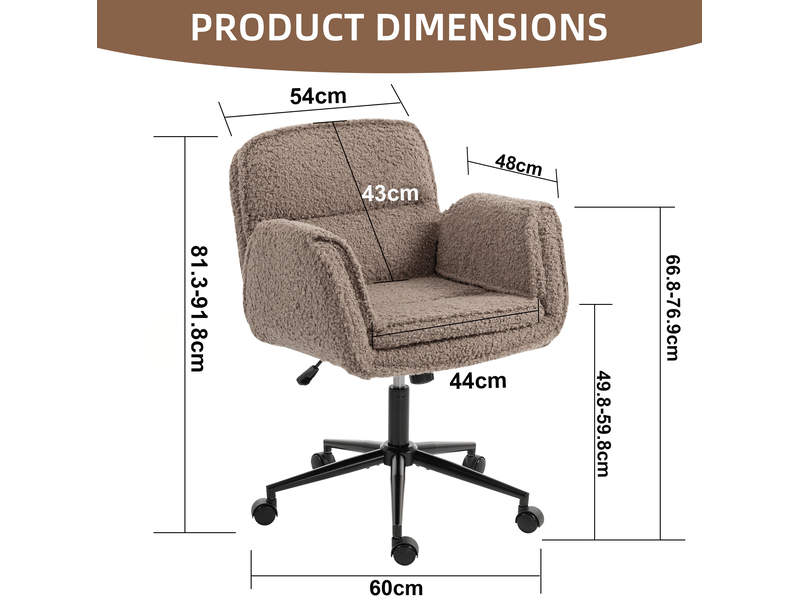  Chaise de bureau pivotante 60x48x81,3-91,8 cm, accoudoirs 5 niveaux, roulettes, dossier épais, teddy, fer, marron  - Conforama C