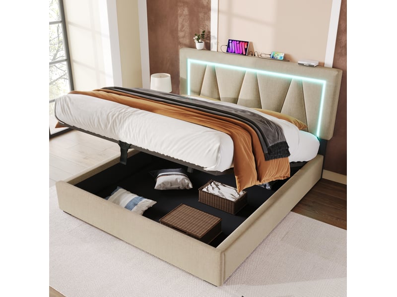  Modenvie lit coffre 140x200 cm - led, usb et type c, matelas inclus, telecommande - beige  - Conforama E