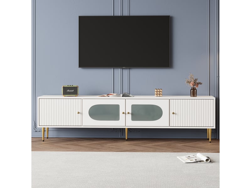  Meuble tv élégant 170x35x50 cm, 2 portes à rainures verticales, corps blanc avec pieds et poignées dorés, 2 portes à verre bombé  - Conforama A