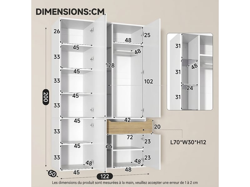  Grande armoire blanche portes battantes 200x225x45 cm avec 3 penderies et 4 tiroirs  - Conforama W