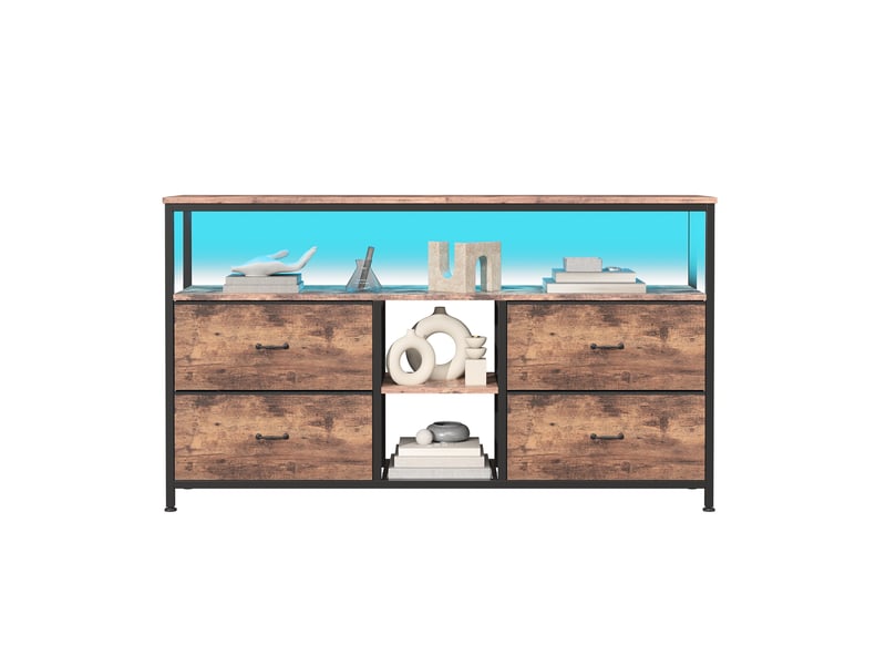  Meuble tv - 108x29,8x76,8cm - avec 4 tiroirs et étagère ouverte, éclairage led - bois rustique  - Conforama A