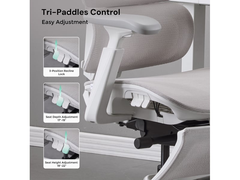  Chaise de bureau ergonomique grise en maille, réglable par trois boutons, avec soutien lombaire respirant  - Conforama D