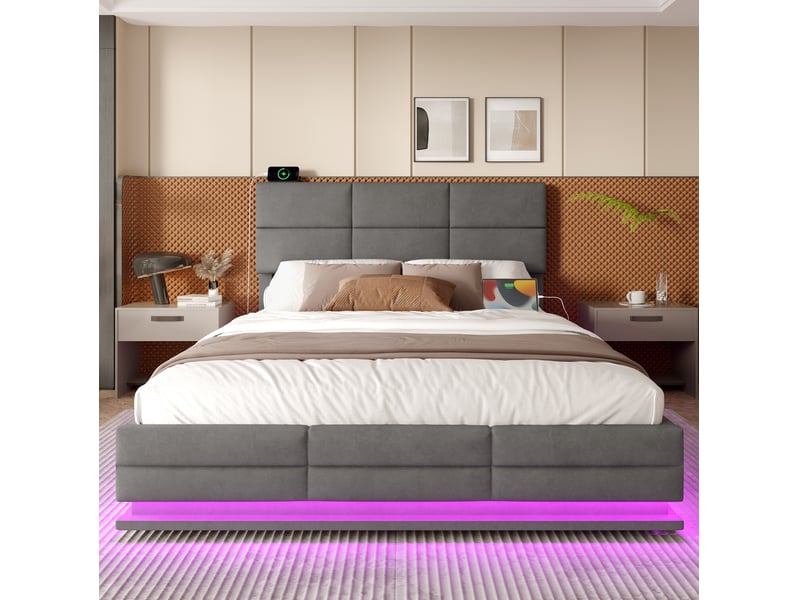  Lit coffre 180x200 cm avec led, usb type-c, en velours gris foncé, sans matelas  - Conforama B
